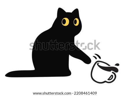 Cartoon black cat knocking coffee cup off table. Funny cat breaking things, cute vector illustration.