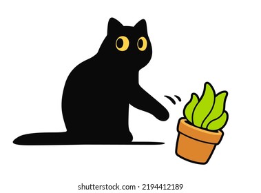 Cartoon black cat knocking potted plant off table. Funny cat breaking things, cute vector illustration.