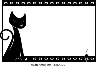 cartoon black cat and mouse in border