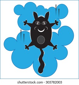 Cartoon black cat on a blue background.