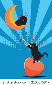 Cartoon black cat play trumpet for kitty on the crescent moon illustration