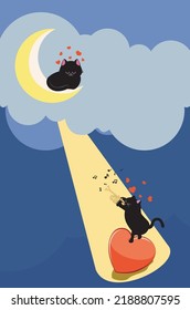 Cartoon black cat play trumpet for kitty on the crescent moon illustration