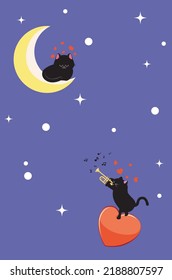 Cartoon black cat play trumpet for kitty on the crescent moon illustration