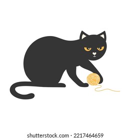 cartoon black cat playing with yellow ball of thread isolated on white background, vector illustration of pets, happy cats day