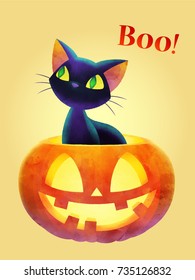 Cartoon black cat pops out off face pumpkin against yellow background. Boo! - funny saying for Halloween invitation design concept. Watercolor vector illustration. A4 size.