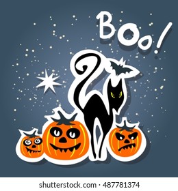Cartoon black cat and pumpkins on a dark blue background.