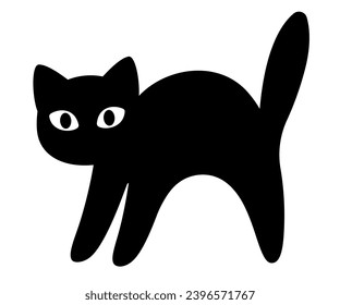 Cartoon black cat silhouette. Scared kitten with arched back and big eyes. Simple icon, isolated vector clip art illustration.