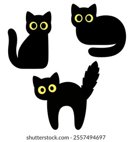 Cartoon black cat silhouette set. Simple icons of cat sitting and scared, isolated vector clip art illustration.