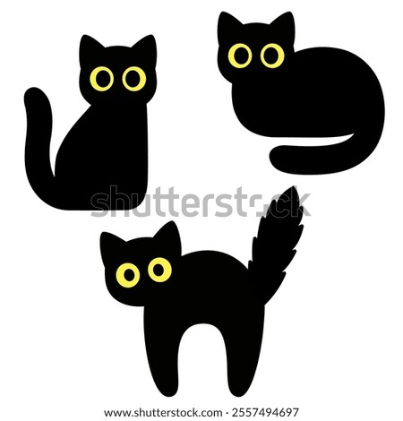 Cartoon black cat silhouette set. Simple icons of cat sitting and scared, isolated vector clip art illustration.