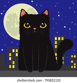 Cartoon black cat silhouetted by the moon with the city in the background. Vector Illustration.