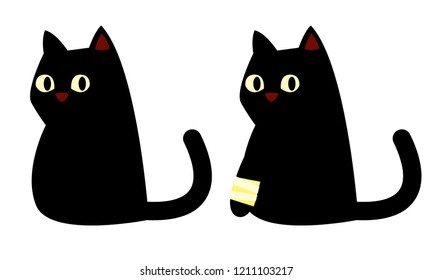 Cartoon black cat simple and cute kitten silhouette. Healthy cat and cat with broken paw svg
