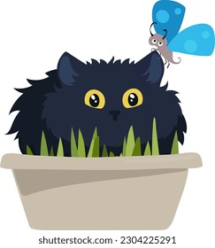 cartoon Black cat sits in a flower pot with a blue butterfly