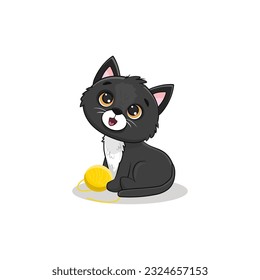 cartoon black cat sits on a white background. Cute kitten in cartoon style. Illustration for postcard, banner, web, design, arts. Vector