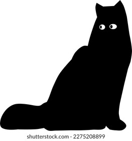 Cartoon black cat sitting drawing. Simple and cute kitten silhouette, Halloween vector illustration.