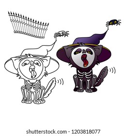 Cartoon Black cat sitting and meowing. Halloween vector illustration of cat in hat and suit of a skeleton. Two cute cats set for Halloween design. Line and colorful cats icons.