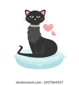 Cartoon black cat sitting on a pillow vector illustration graphic