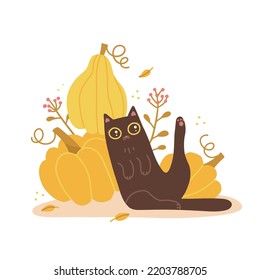 Cartoon black cat sitting with pumpkins. Funny kitty with big yellow eyes sits near a big pumpkin. isolayed concept with autumn leaves and leaf fall. Flat hand drawn vector illustration.