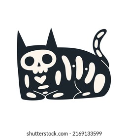 Cartoon black cat with skeleton. Funny Halloween clip art. Trendy modern vector illustration isolated on white background, hand drawn, flat design.