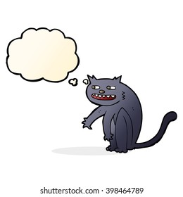 caricatura de gato negro con burbuja de pensamiento