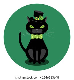 Cartoon black cat wears bow tie and hat with green shamrock design.