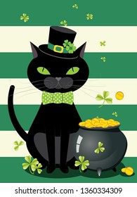 Cartoon black cat wears bow tie and hat with green shamrock design.