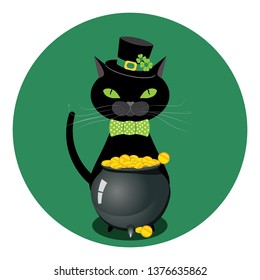 Cartoon black cat wears bow tie and hat with green shamrock design.