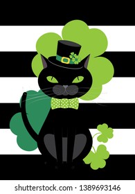 Cartoon black cat wears bow tie and hat with green shamrock design.
