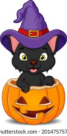 Caricatura de gato negro con sombrero de bruja dentro de la calabaza de Halloween