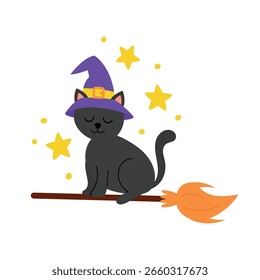 Gato negro de la historieta con el sombrero de la bruja en escoba