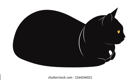 Cartoon black cat with yellow eyes in profile. Vector illustration
