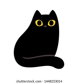 Cartoon black cat with yellow eyes. Simple and minimal sitting cat drawing, cute vector illustration.