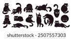 Cartoon black cats. Funny fat cat in different poses and situations. Isolated flat wall stickers design, crazy kitty characters. Adorable racy vector kittens