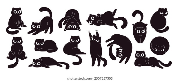 Cartoon black cats. Funny fat cat in different poses and situations. Isolated flat wall stickers design, crazy kitty characters. Adorable racy vector kittens