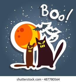 Cartoon black cats and moon on a dark blue background.