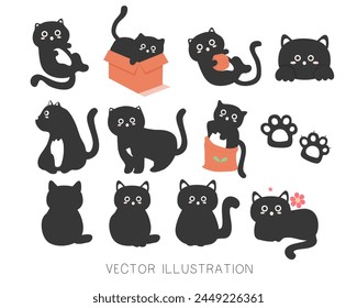 Cartoon black cats set with different poses. Cat behavior, body language.isolated vector illustration.