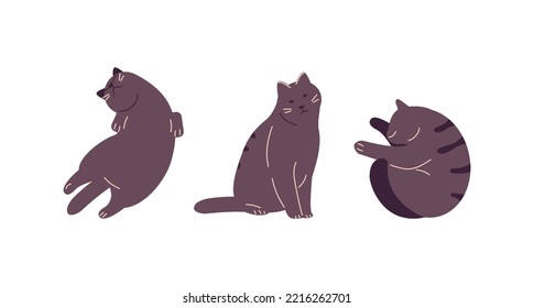 Cartoon black cats in various positions and emotions set. Vector illustration isolated on a white background