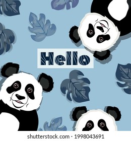 Cartoon black character on blue background. Vector isolated symbol illustration. Funny cartoon character. Leaves background. Isolated blue. Cute panda