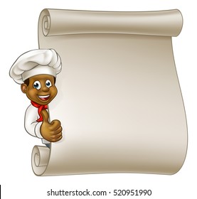 Cartoon black chef or baker character giving thumbs up and peeking around sign or scroll menu