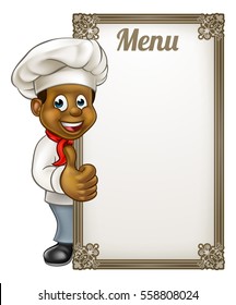 Cartoon black chef or baker character giving thumbs up with menu sign board