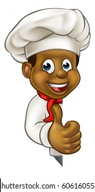 Cartoon black chef or baker character giving thumbs up and peeking around sign or background