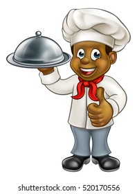 Cartoon black chef or baker holding a silver cloche food meal plate platter and giving thumbs up