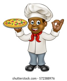Cartoon black chef character holding a pizza and giving a perfect okay delicious cook gesture