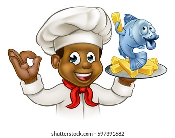 A Cartoon Black Chef Character Holding Fish And Chips Meal