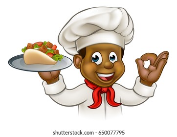 A cartoon black chef character holding a kebab