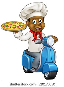 Cartoon black chef or cook character riding a moped motorbike scooter delivering a pizza