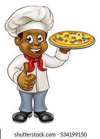 Cartoon black chef cook character holding a pizza and giving a thumbs up