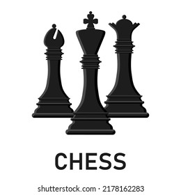 Cartoon black chess king, queen and bishop isolated on white background. Chess icons. Vector illustration for design.