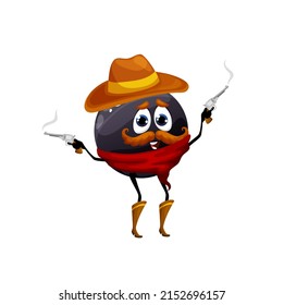 Cartoon Black Currant Bandit Character, Funny Vector Berry Robber Personage. Cowboy Or Ranger Wear Hat, Bandana And Boots Shoot With Guns. Isolated Fantasy Food, Game Or Book Adventurer Character