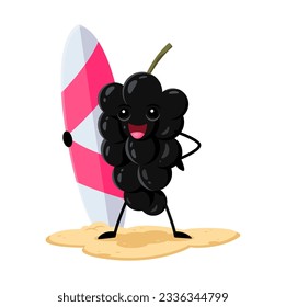 Cartoon black currant berry character surfer outdoor entertainment and relaxation at oceanfront resort. Healthful vector comic food personage unwinding with surf board by ocean during summer getaway