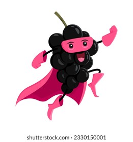 Cartoon black currant berry superhero character. Funny vector super hero, flying garden plant personage in pink cape and mask. Isolated strong healthy smiling vigilante, vitamin food for kids menu